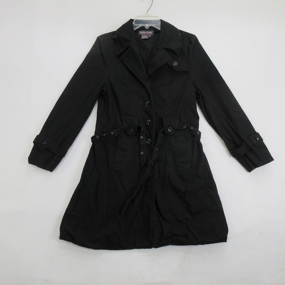 Of The Earth Women's Trench Coat Size M Black Organic Cotton Belted Button Up